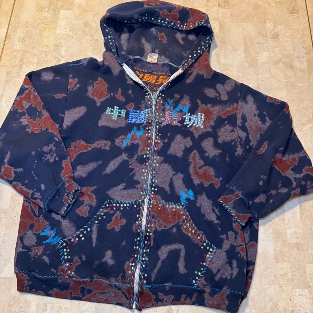 RARE Vintage 90’s The Great China Wall Acid Wash Crystal Zip Hoodie